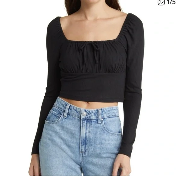 Madewell Black Rib Square Neck Long Sleeve Crop Top Size XL - Picture 1 of 7